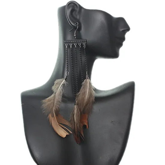 Black Drop Chain Feather Earrings