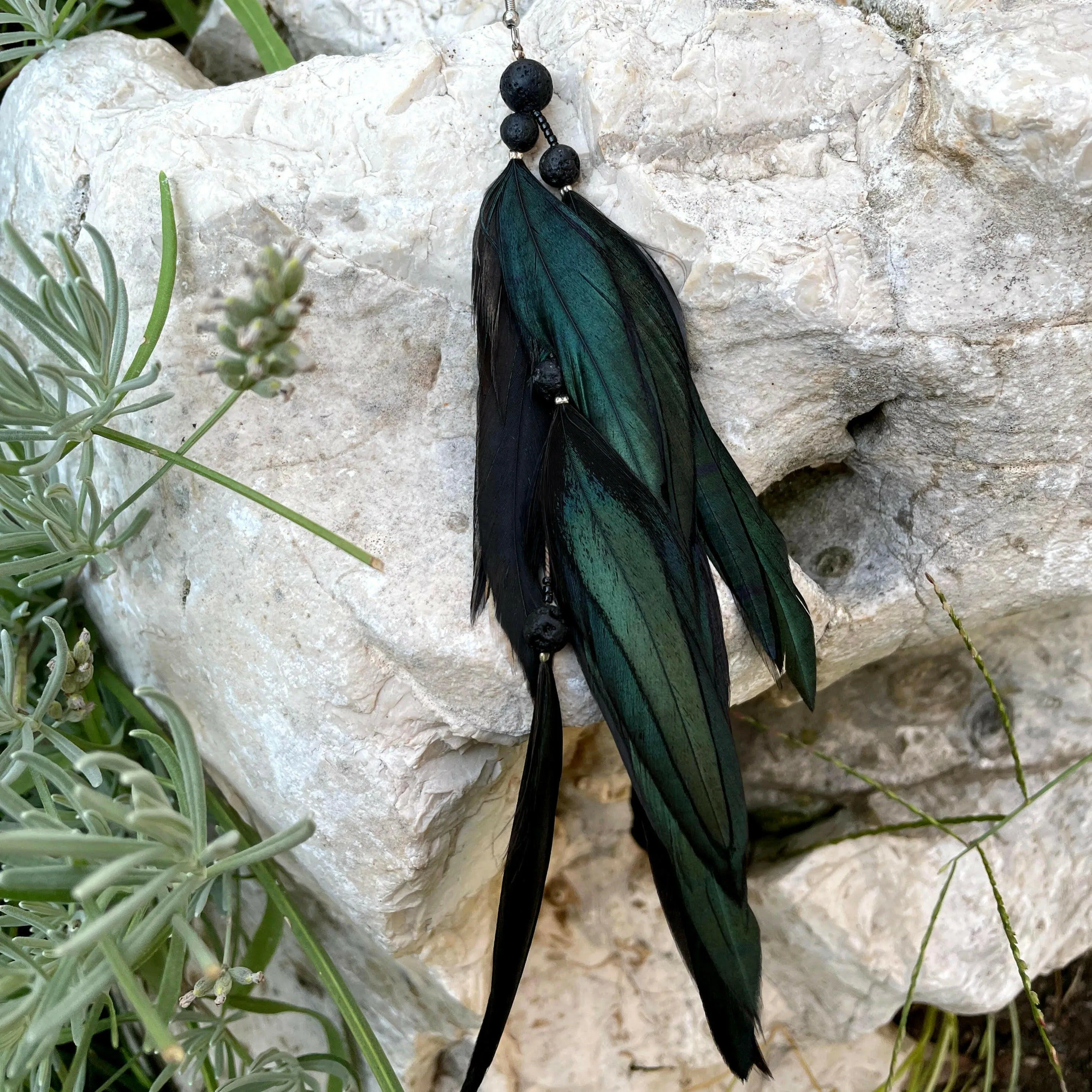 Black Green Feather Earrings