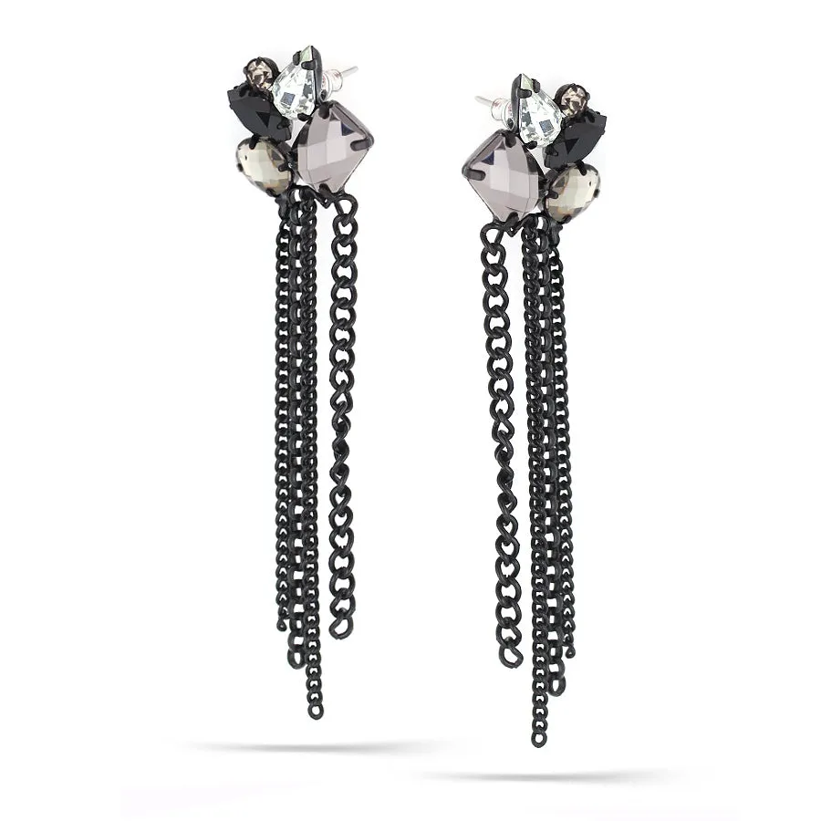 BLACK HEMATITE AND WHITE CRYSTAL TASSEL STUD EARRINGS #256BK3601 (1D8)