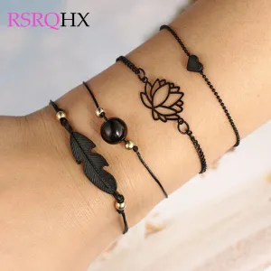 Black Multi Layers Bracelets Anklets Set for Women Girls Love Heart Leaf Hollow Lotus Round Beads Beaded Bracelet Jewelry Gifts