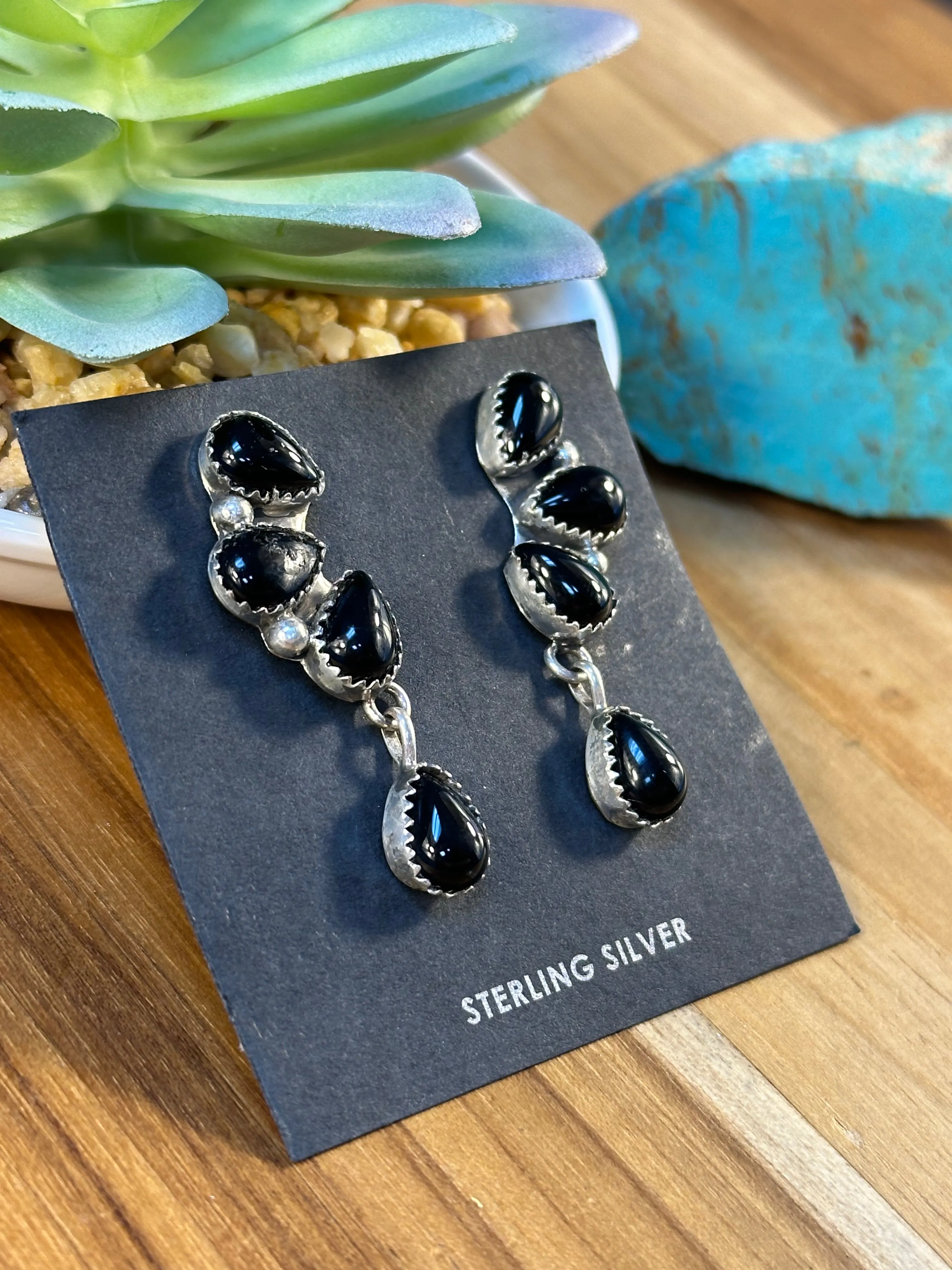 Black Onyx Feather Teardrop Earrings