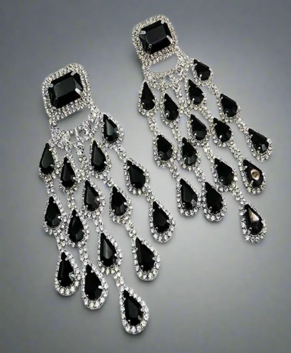 Black Silver Exaggerated Tassel Earrings