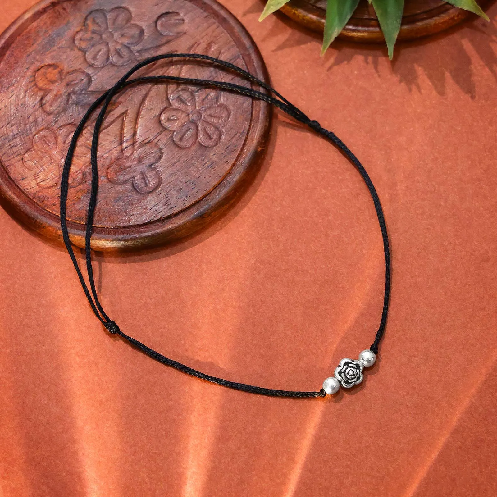 Black Thread Anklet with Pure Silver Floral Beads