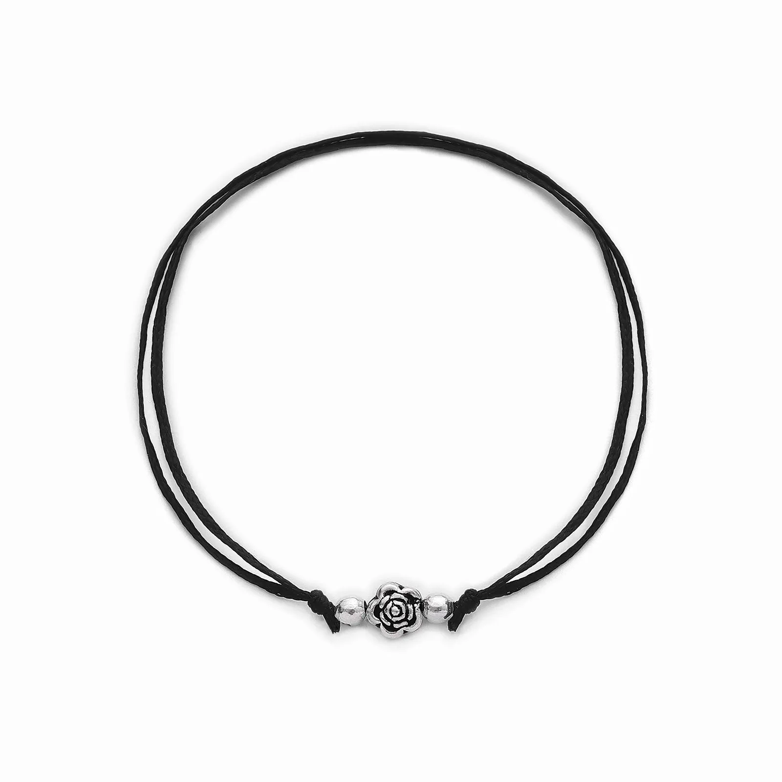Black Thread Anklet with Pure Silver Floral Beads