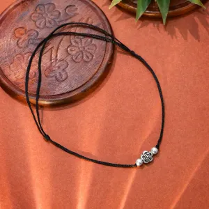 Black Thread Anklet with Pure Silver Floral Beads