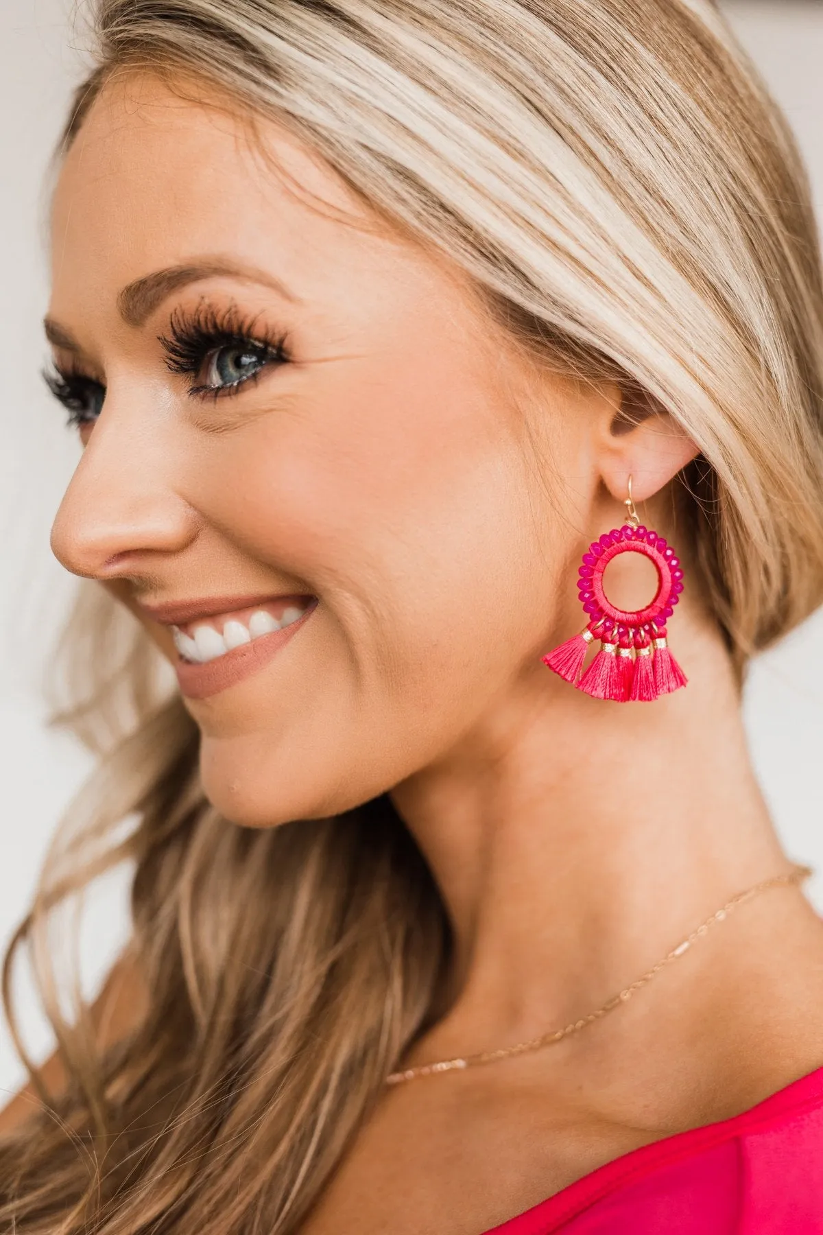 Blessed Mornings Tassel Dangle Earrings- Fuchsia