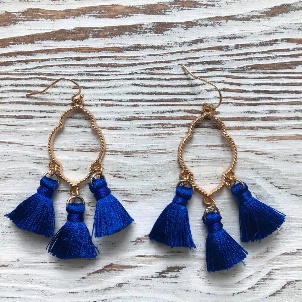 Blue Ava Gold Tassel Drop Hoop Earrings