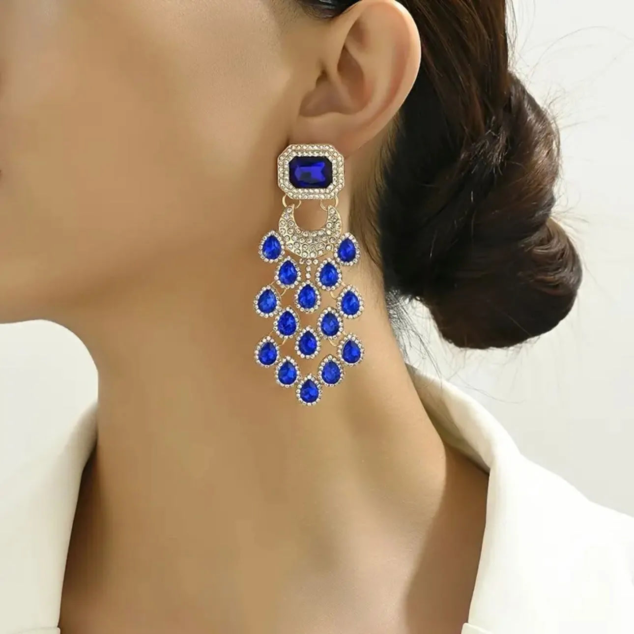 Blue Gold Exaggerated Tassel Earrings