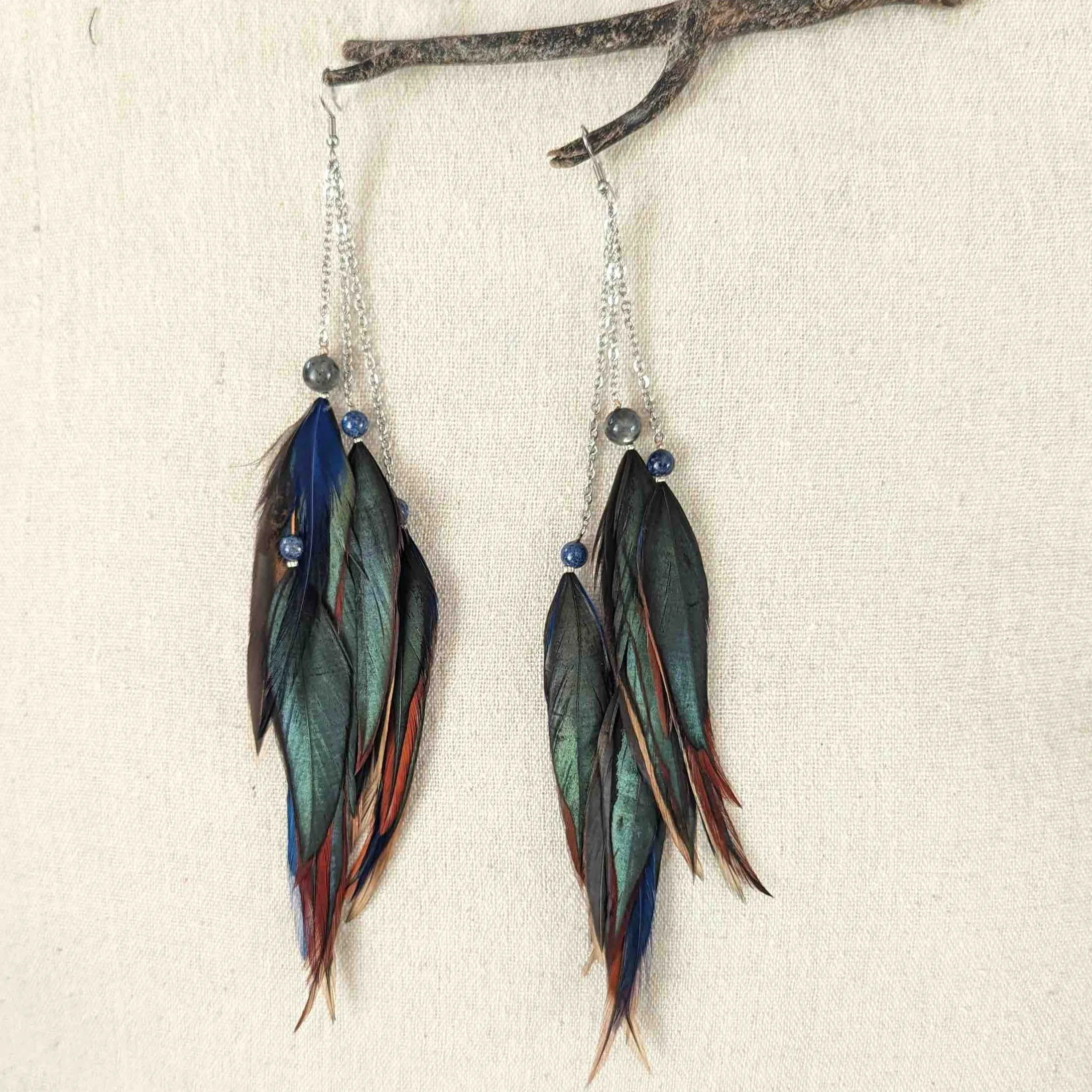 Blue Green Feather Earrings