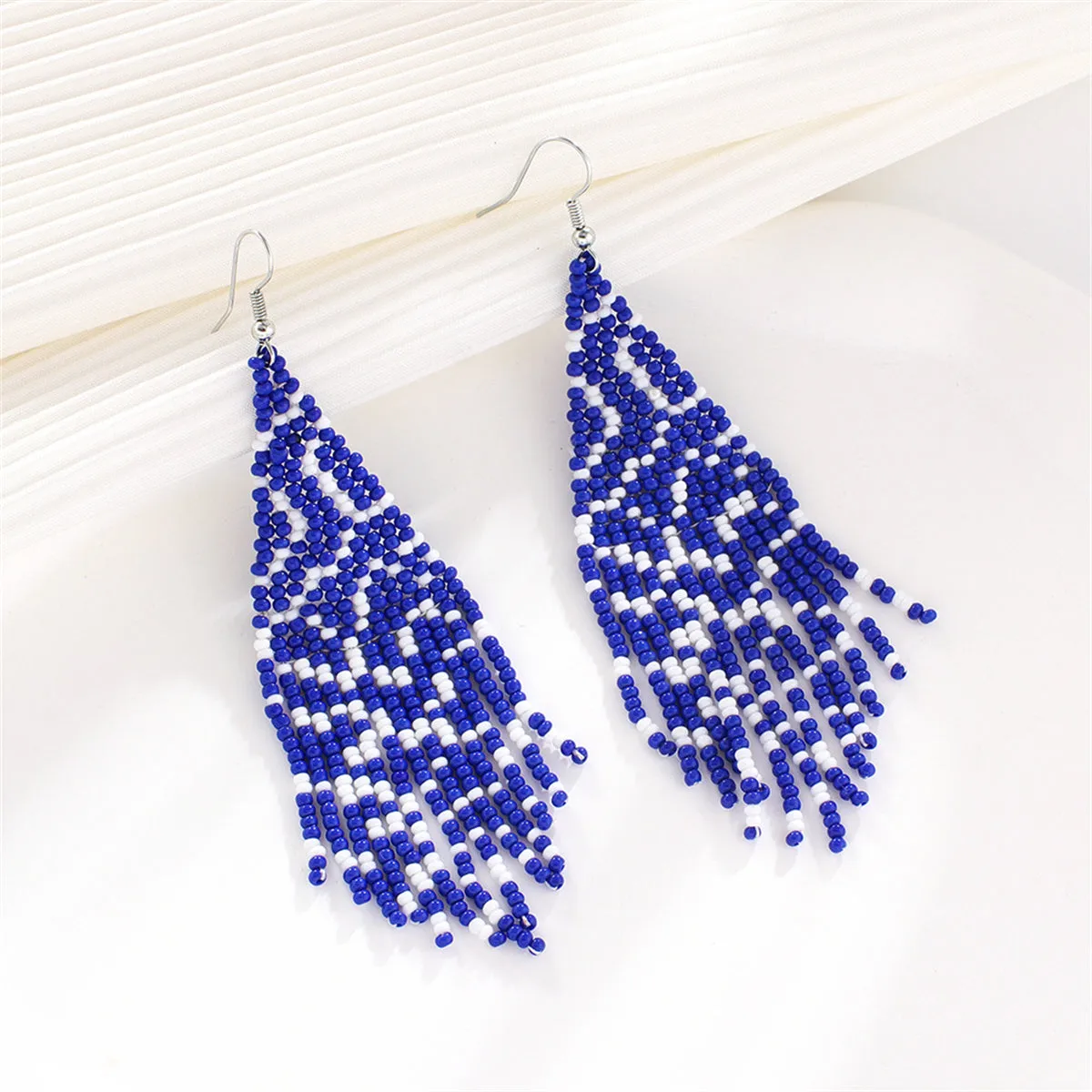 Blue Howlite & Silver-Plated Bead Tassel Drop Earrings