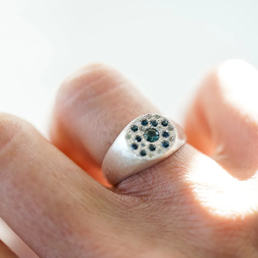 Blue sapphire round signet sapphire silver ring