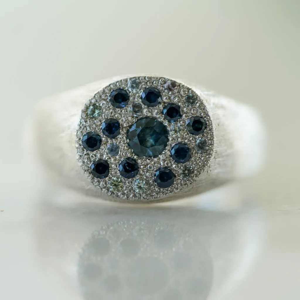 Blue sapphire round signet sapphire silver ring