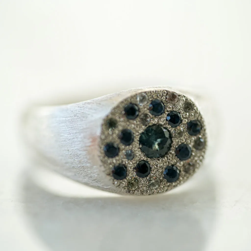 Blue sapphire round signet sapphire silver ring