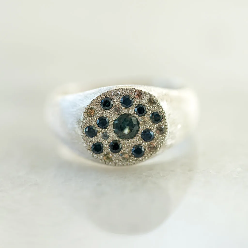 Blue sapphire round signet sapphire silver ring