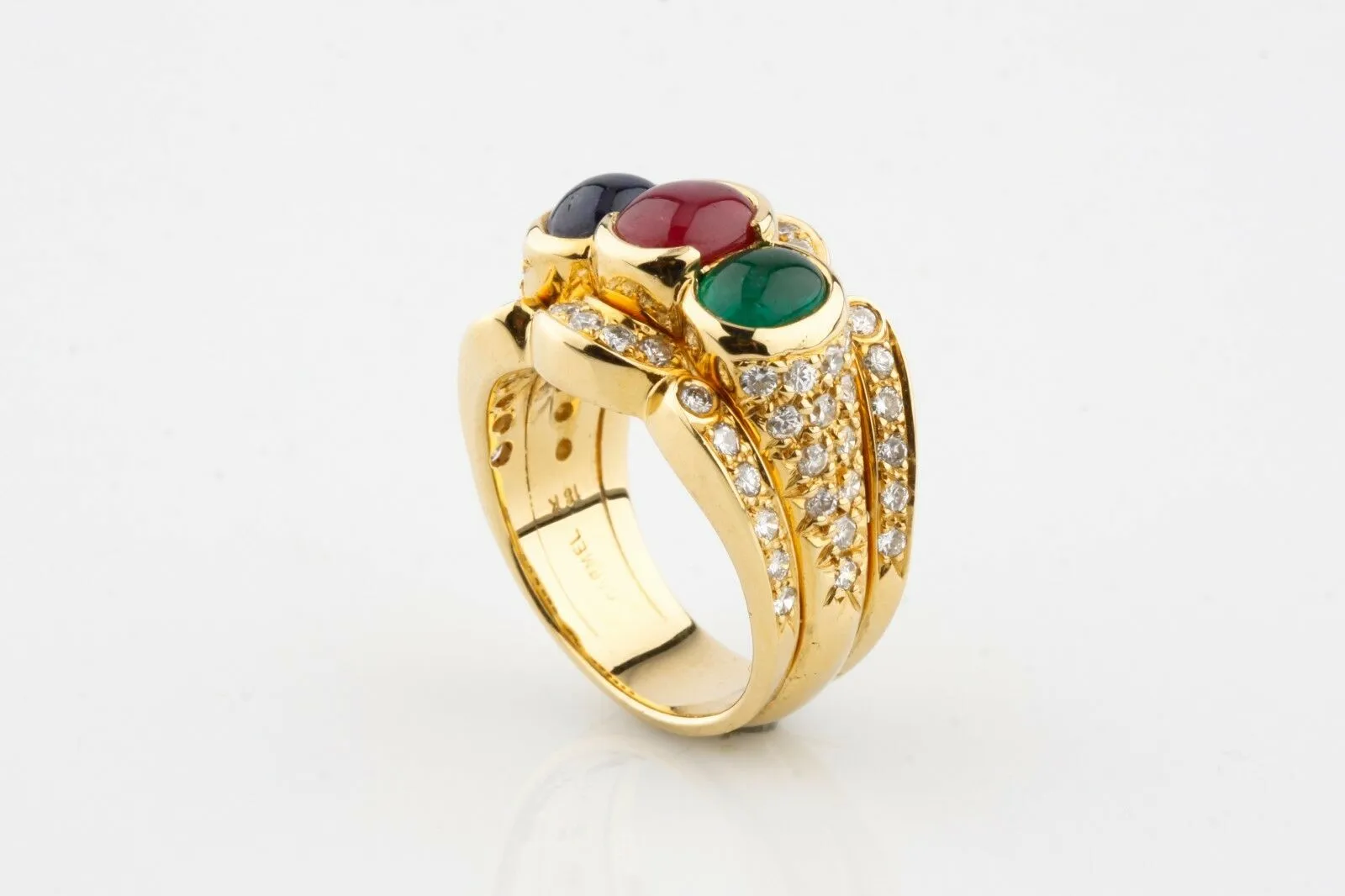 Blue Sapphire, Ruby, Emerald & Diamond 18k Yellow Gold Cocktail Ring Size 7