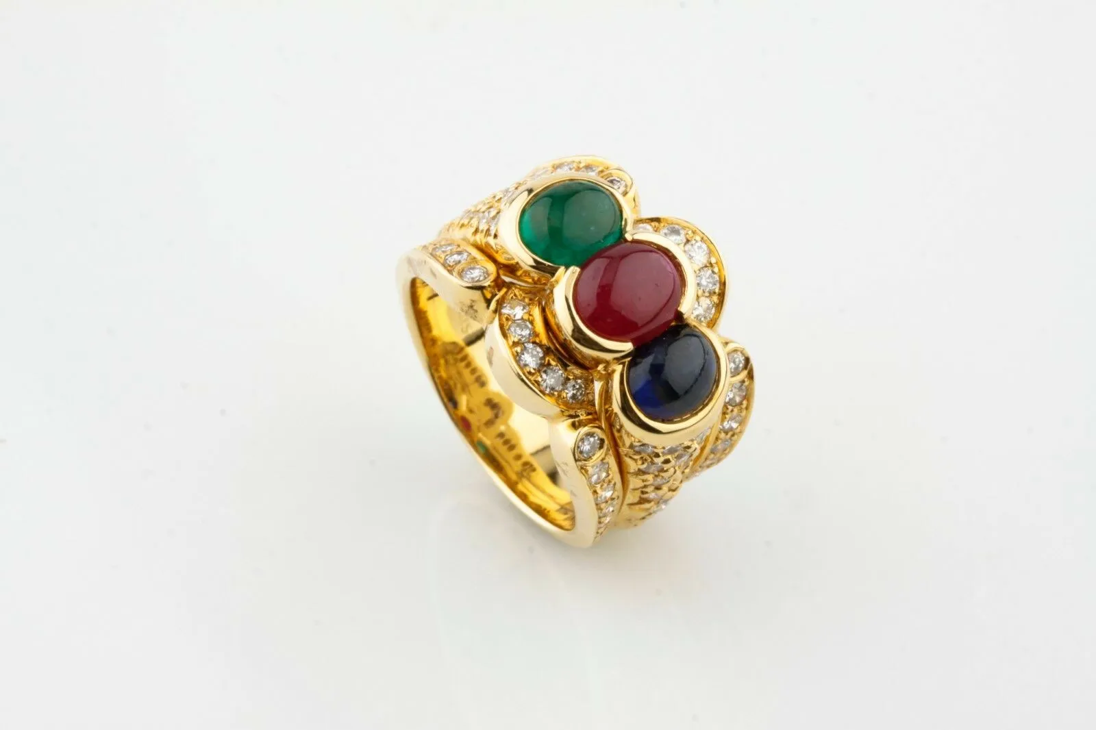 Blue Sapphire, Ruby, Emerald & Diamond 18k Yellow Gold Cocktail Ring Size 7