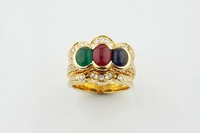 Blue Sapphire, Ruby, Emerald & Diamond 18k Yellow Gold Cocktail Ring Size 7