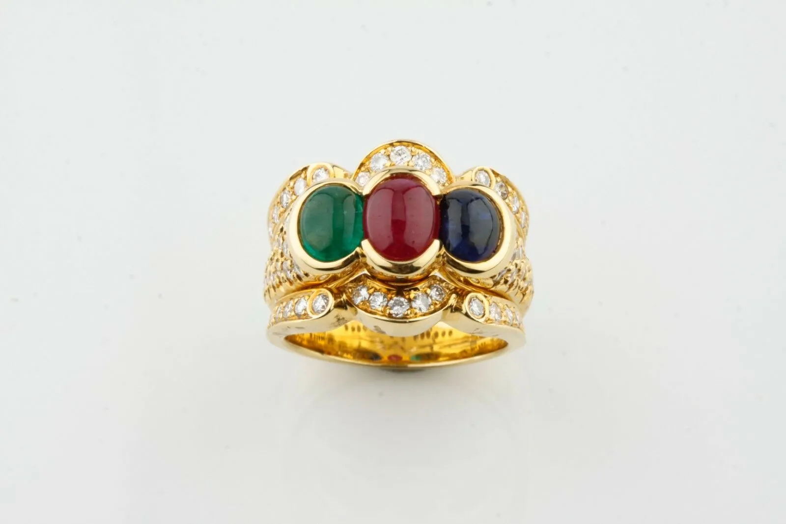 Blue Sapphire, Ruby, Emerald & Diamond 18k Yellow Gold Cocktail Ring Size 7