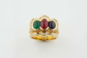 Blue Sapphire, Ruby, Emerald & Diamond 18k Yellow Gold Cocktail Ring Size 7