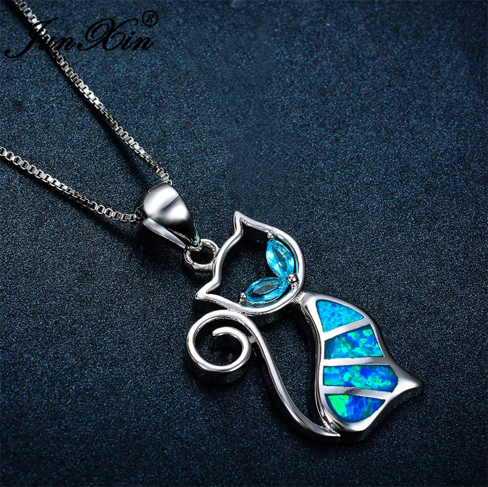 Blue Synthetic Opal Cat Pendant Necklace in Sterling Silver. 18"