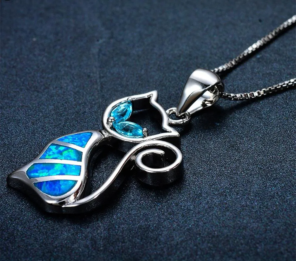 Blue Synthetic Opal Cat Pendant Necklace in Sterling Silver. 18"