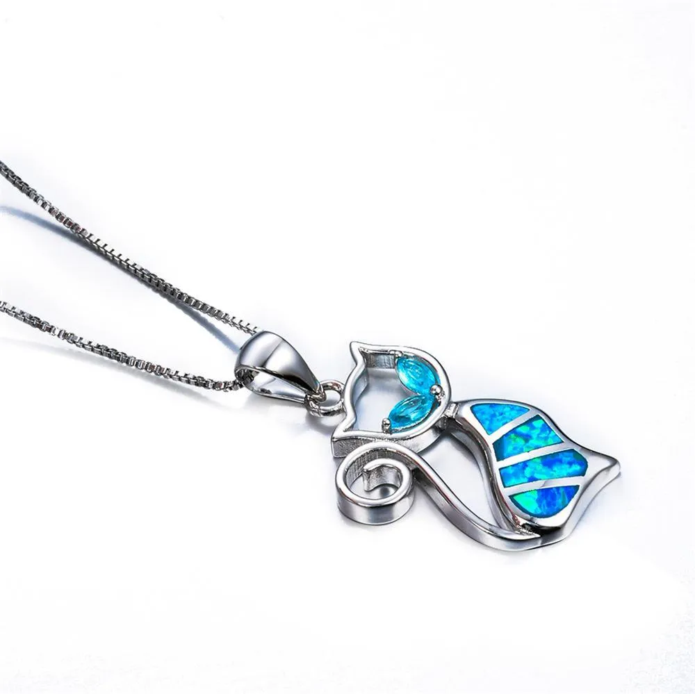 Blue Synthetic Opal Cat Pendant Necklace in Sterling Silver. 18"