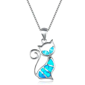 Blue Synthetic Opal Cat Pendant Necklace in Sterling Silver. 18"