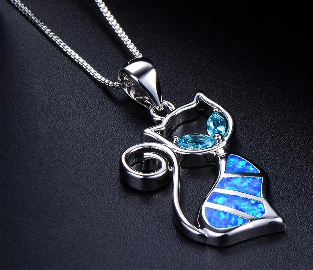 Blue Synthetic Opal Cat Pendant Necklace in Sterling Silver. 18"