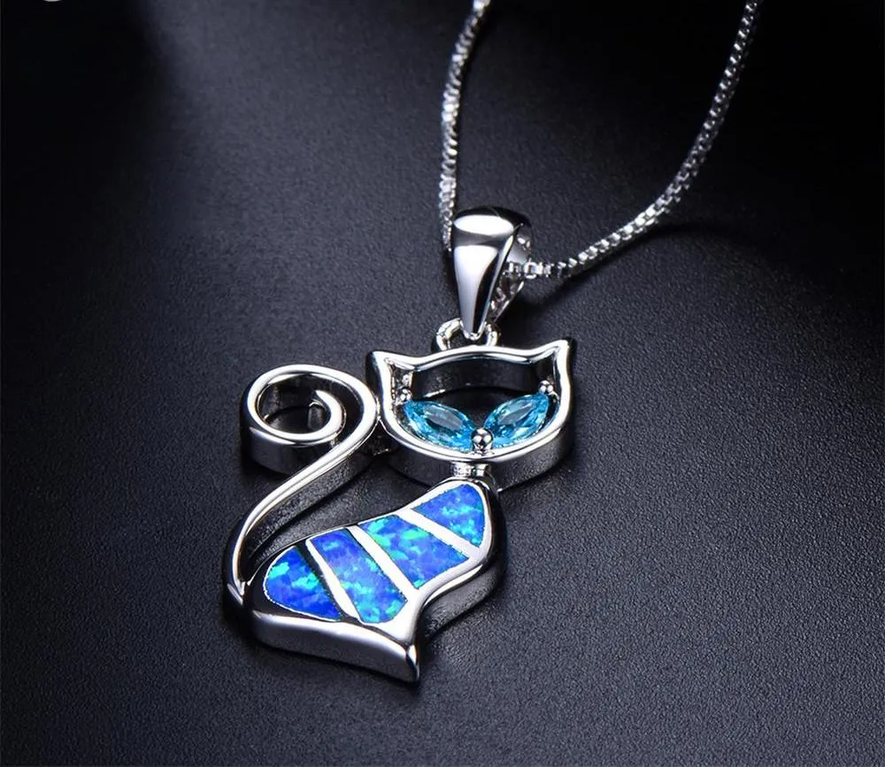 Blue Synthetic Opal Cat Pendant Necklace in Sterling Silver. 18"