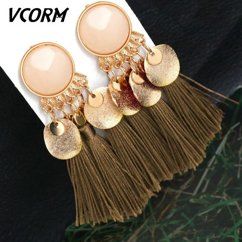 Bohemian Tassel Crystal Long Drop Earrings for Women Red Cotton Silk Fabric Fringe Earrings Fashion Woman Jewelry