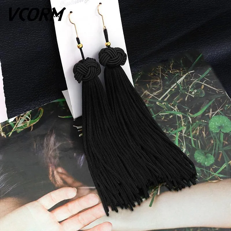 Bohemian Tassel Crystal Long Drop Earrings for Women Red Cotton Silk Fabric Fringe Earrings Fashion Woman Jewelry