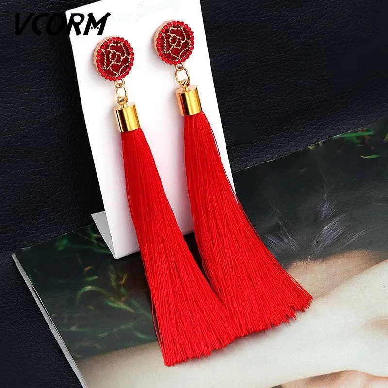 Bohemian Tassel Crystal Long Drop Earrings for Women Red Cotton Silk Fabric Fringe Earrings Fashion Woman Jewelry
