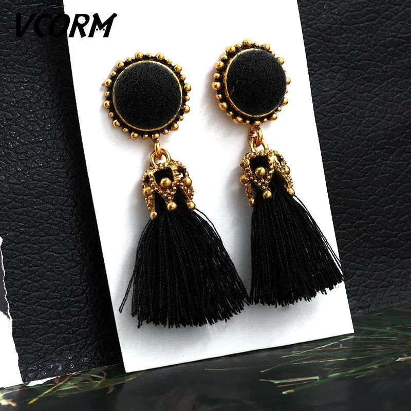Bohemian Tassel Crystal Long Drop Earrings for Women Red Cotton Silk Fabric Fringe Earrings Fashion Woman Jewelry