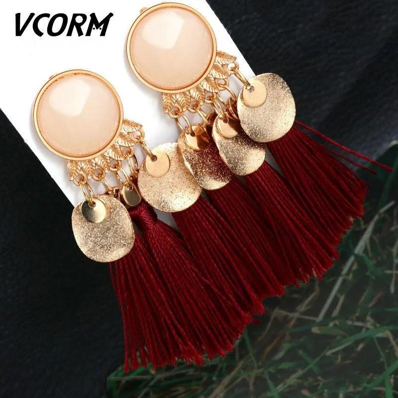 Bohemian Tassel Crystal Long Drop Earrings for Women Red Cotton Silk Fabric Fringe Earrings Fashion Woman Jewelry