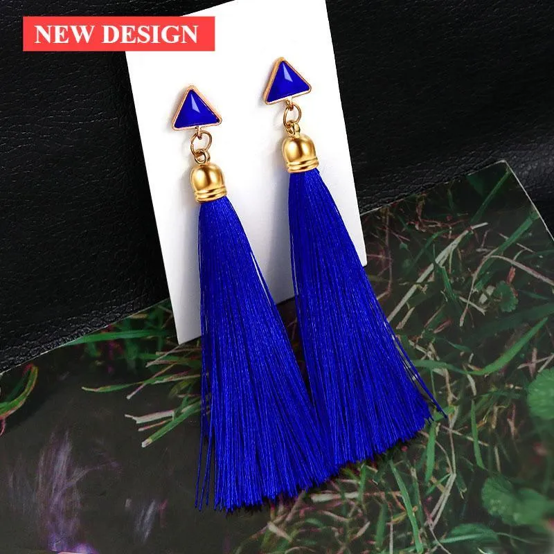 Bohemian Tassel Crystal Long Drop Earrings for Women Red Cotton Silk Fabric Fringe Earrings Fashion Woman Jewelry