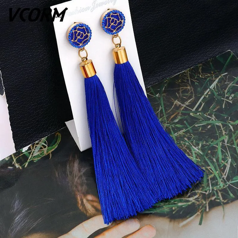 Bohemian Tassel Crystal Long Drop Earrings for Women Red Cotton Silk Fabric Fringe Earrings Fashion Woman Jewelry