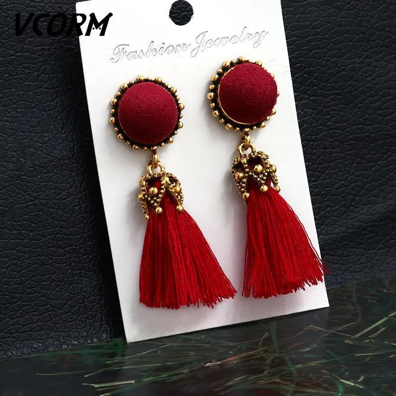 Bohemian Tassel Crystal Long Drop Earrings for Women Red Cotton Silk Fabric Fringe Earrings Fashion Woman Jewelry