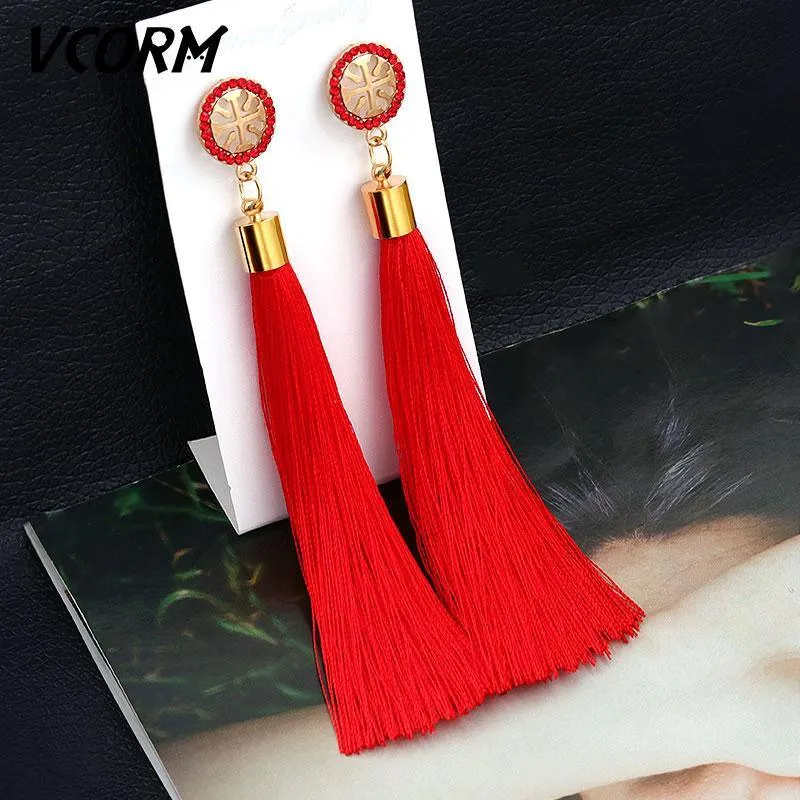 Bohemian Tassel Crystal Long Drop Earrings for Women Red Cotton Silk Fabric Fringe Earrings Fashion Woman Jewelry