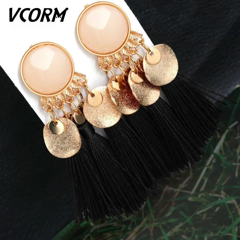 Bohemian Tassel Crystal Long Drop Earrings for Women Red Cotton Silk Fabric Fringe Earrings Fashion Woman Jewelry