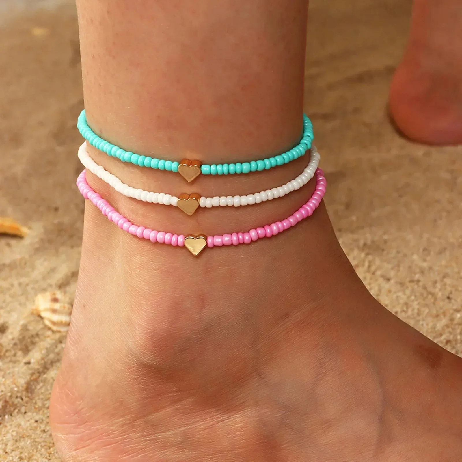Bohemian Women Anklet Colorful Round Heart Beaded Chains Anklet Bracelets Barefoot Sandals Foot Summer Beach Jewelry