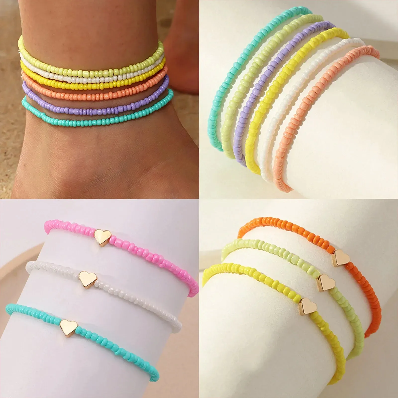 Bohemian Women Anklet Colorful Round Heart Beaded Chains Anklet Bracelets Barefoot Sandals Foot Summer Beach Jewelry