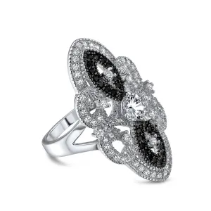 Boho Vintage Blue CZ Filigree Cocktail Statement Ring Silver Plated Brass