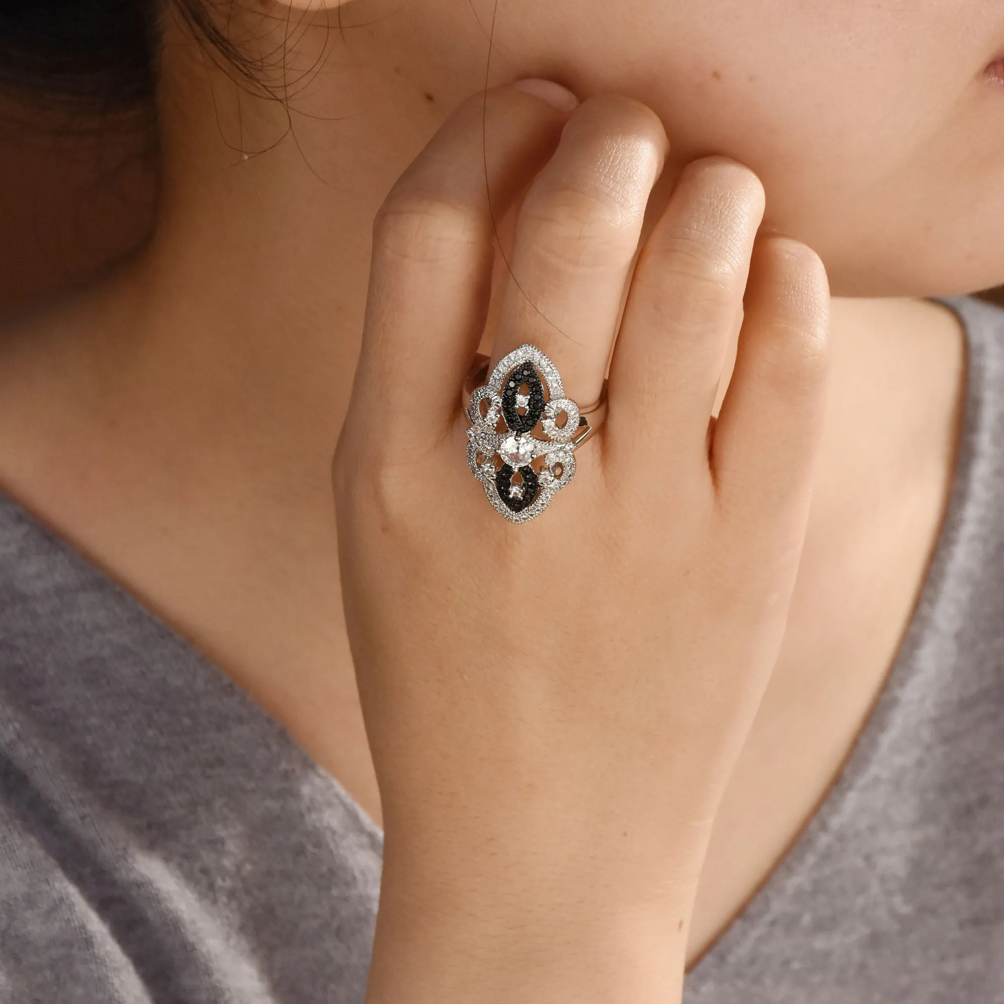 Boho Vintage Blue CZ Filigree Cocktail Statement Ring Silver Plated Brass