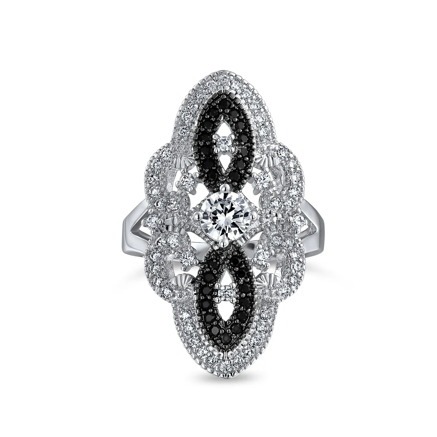 Boho Vintage Blue CZ Filigree Cocktail Statement Ring Silver Plated Brass