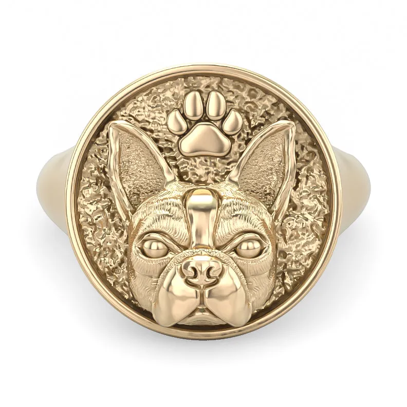 Boston Terrier Paw Classic Round Signet Ring