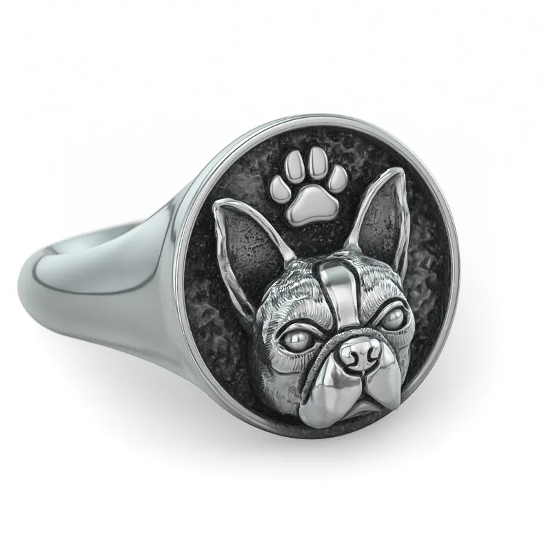 Boston Terrier Paw Classic Round Signet Ring