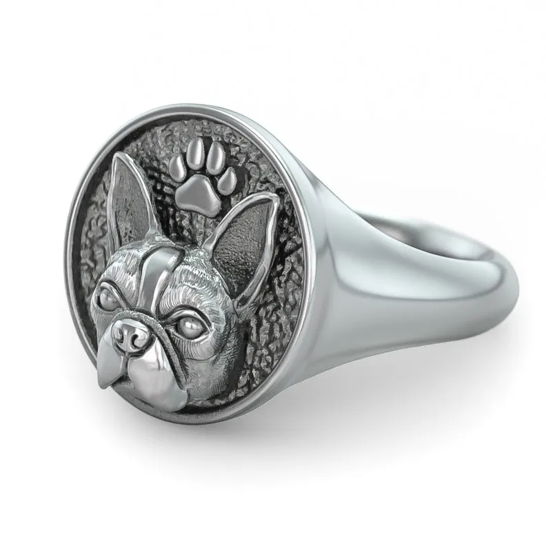 Boston Terrier Paw Classic Round Signet Ring