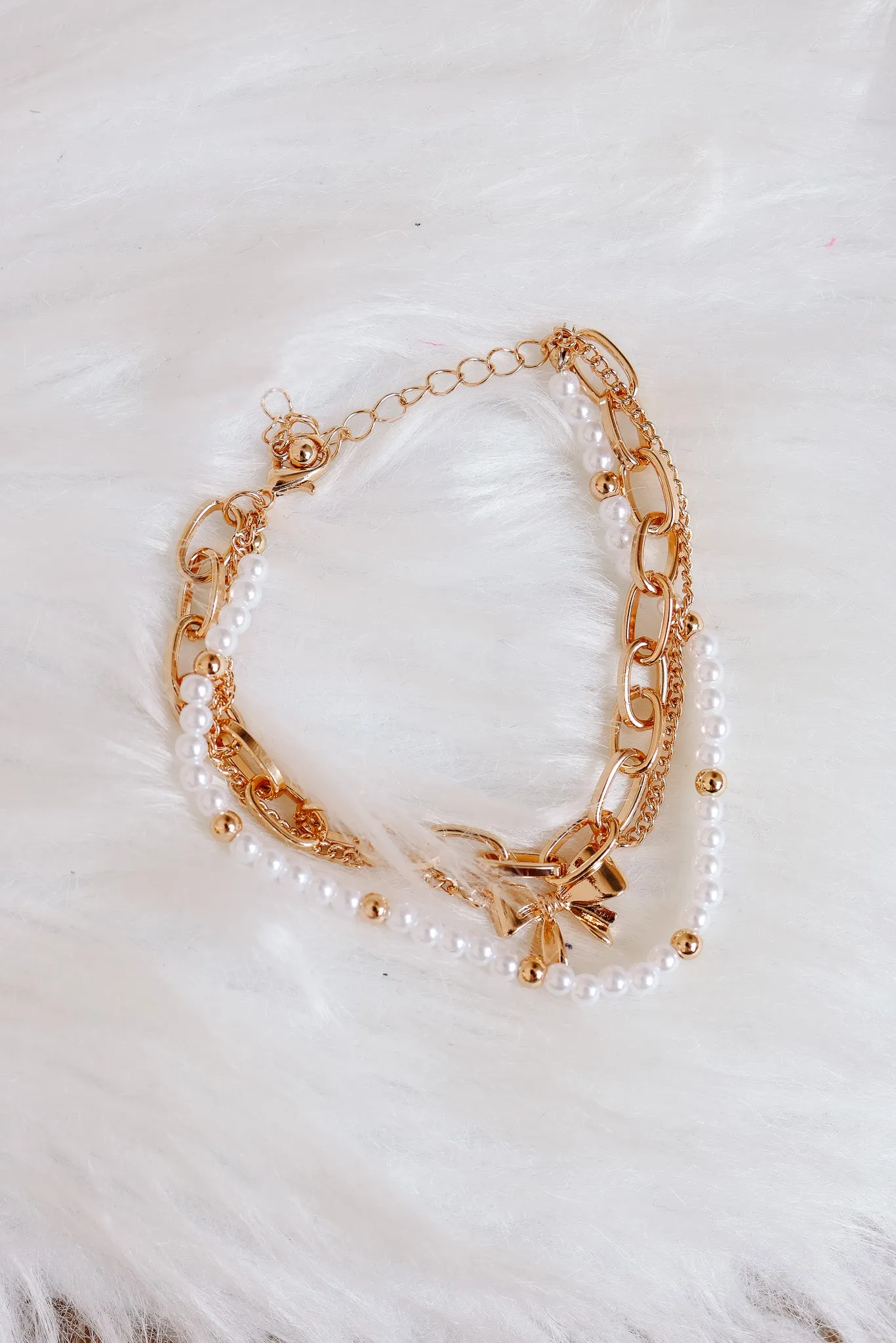 Bow Pearl Link Trio Set Bracelets