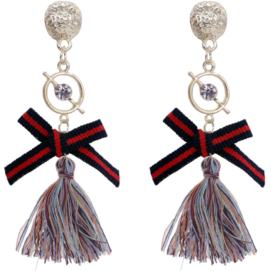 Brown Multicolor Ribbon Bow Tassel Dangle Earrings