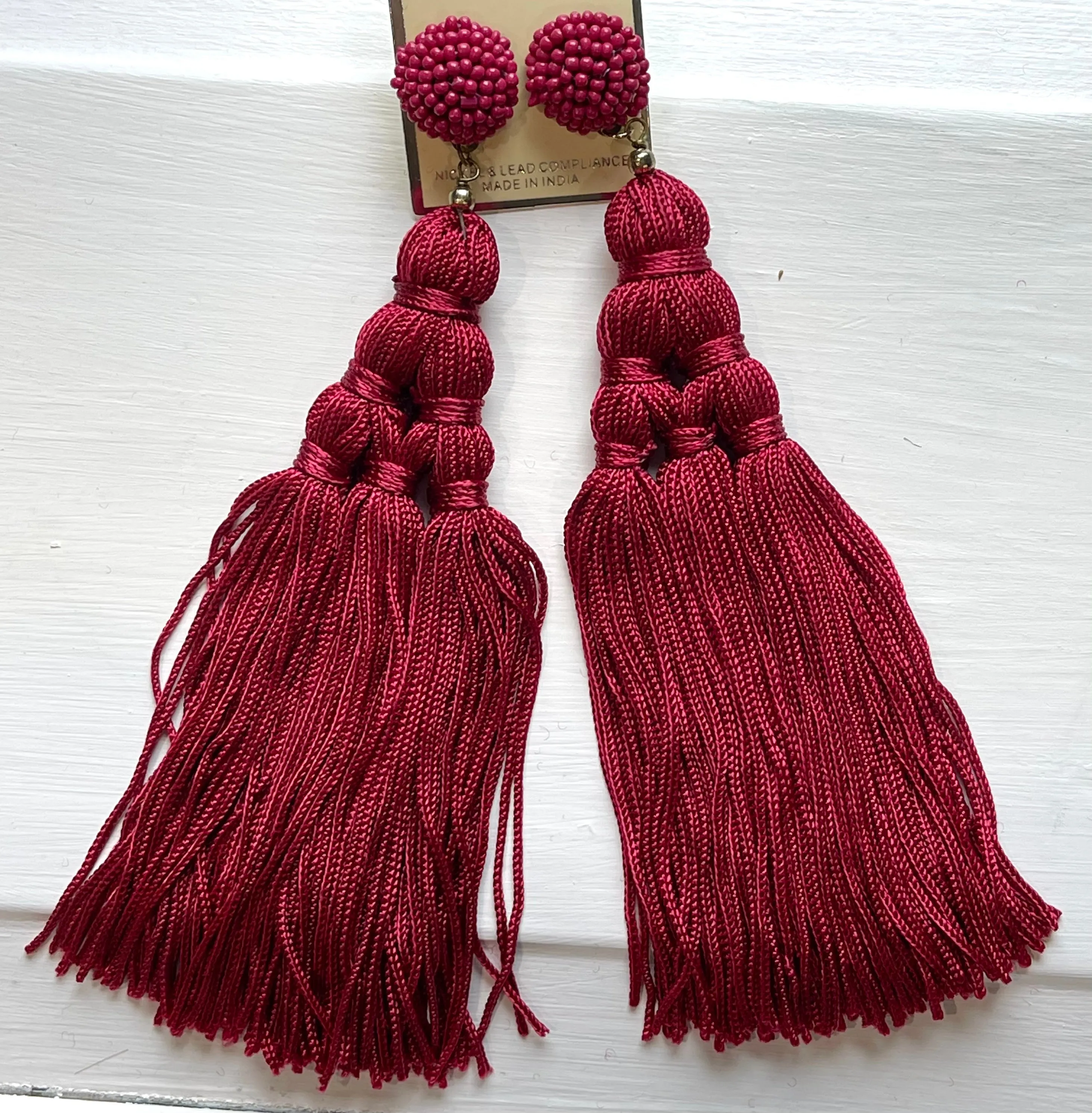 Burgundy Tassel Statement Earrings